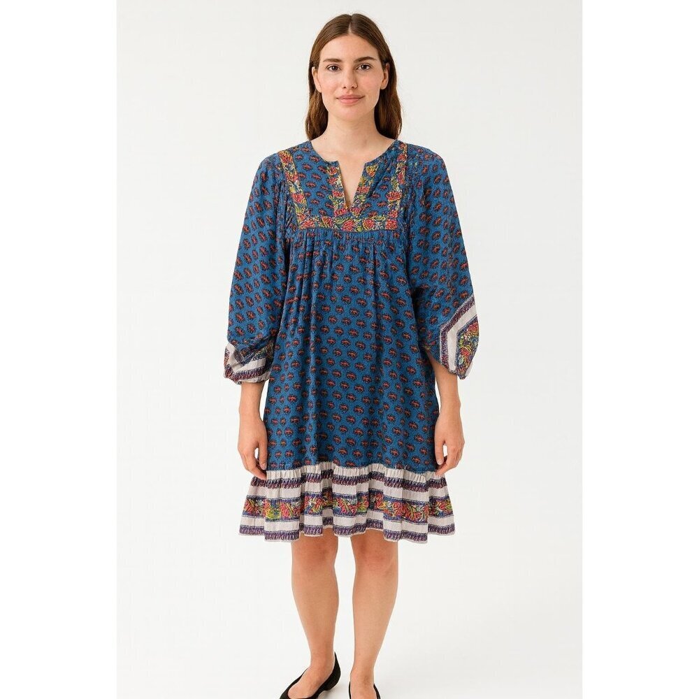 Cleobella Blue  Floral Print Mini Dress 3/4 Sleeves - Size S Boho